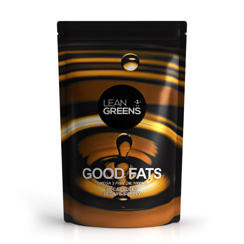 A pack of Good Fats premium omega 3 fish oils by Lean Greens, with a black and gold color scheme. UK best Omega 3 softgels
