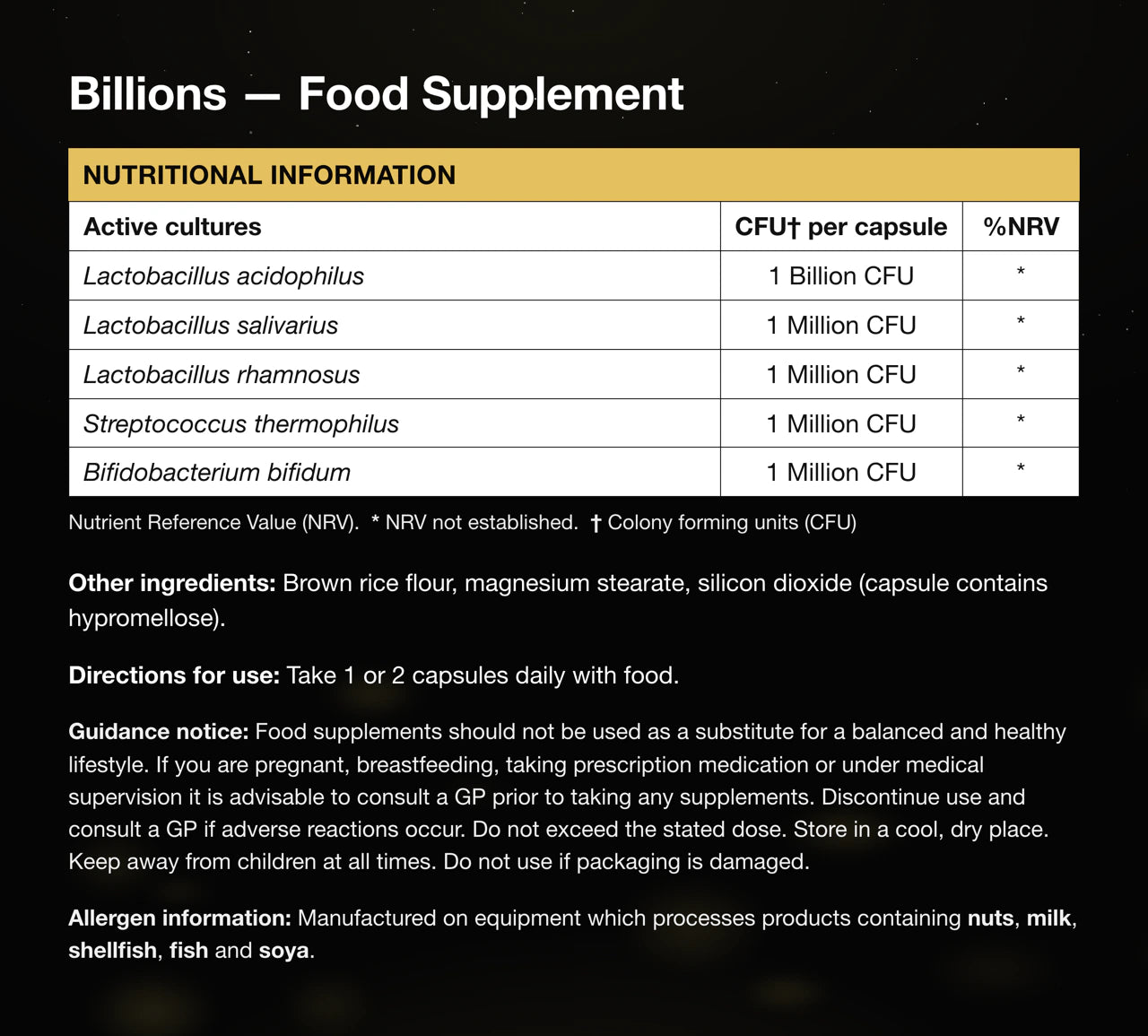 The Billions label panel: five active cultures with the colony forming units stated per capsule — Lactobacillus acidophilus at 1 billion CFU and four cultures at 1 million CFU each — above the other ingredients, directions for use, guidance notice and allergen information