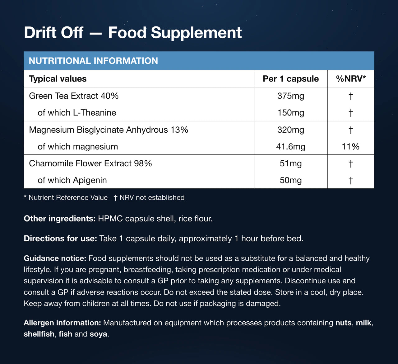 The Drift Off label. Nutritional information per capsule: green tea extract 375mg of which L-theanine 150mg; magnesium bisglycinate anhydrous 320mg of which magnesium 41.6mg, 11% NRV; chamomile flower extract 51mg of which apigenin 50mg. Followed by other ingredients, directions for use, the guidance notice and allergen information.