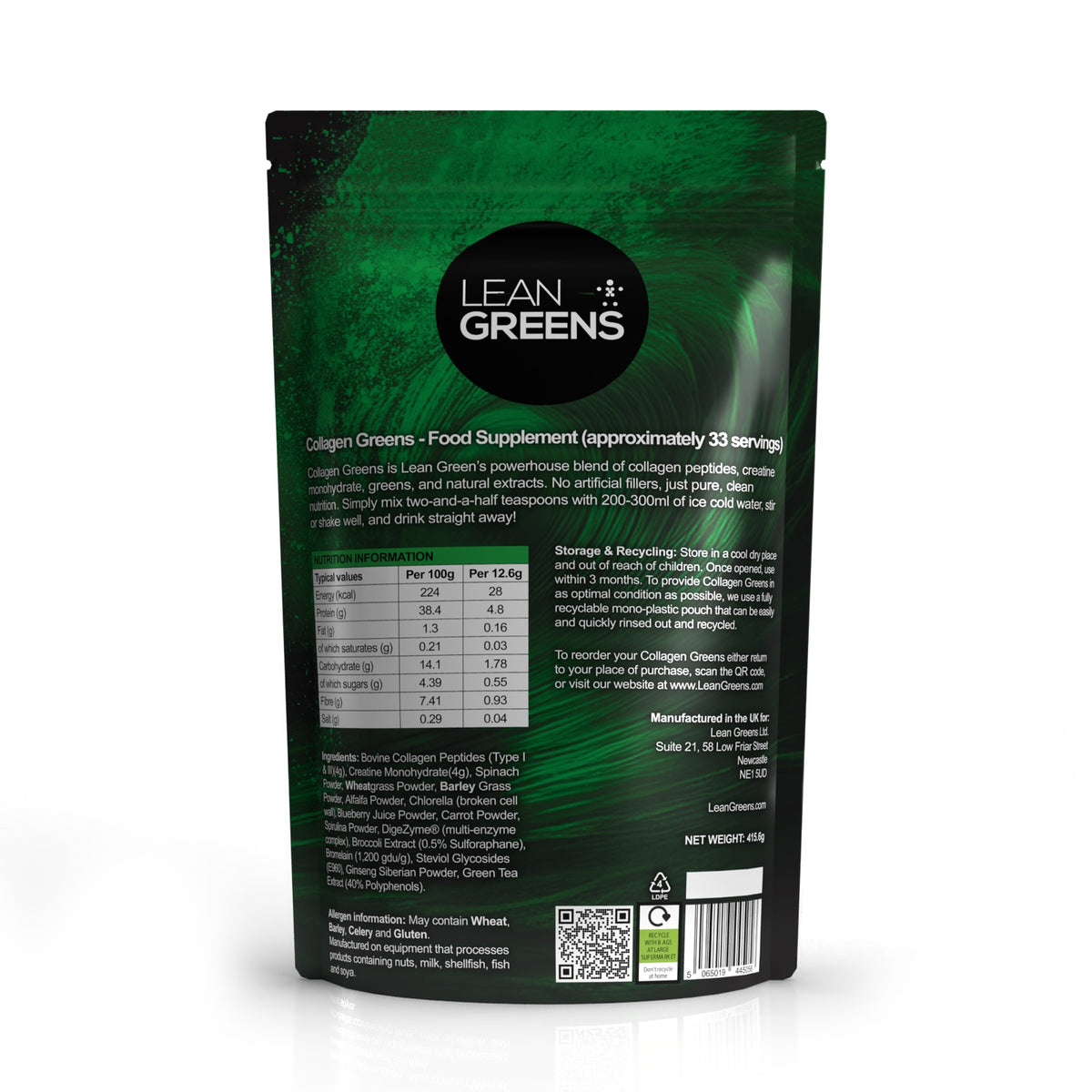 The back of the Collagen Greens pouch, showing the nutrition table, ingredients and directions
